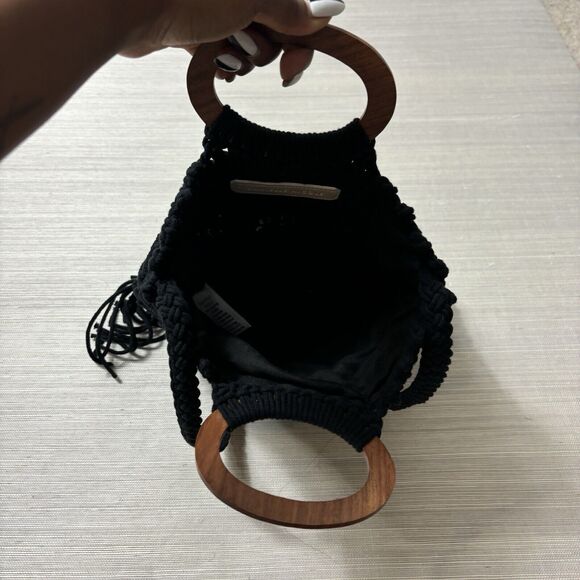Danielle Nicole Macrame Crochet Boho Black Bag w/ Wood Handle & Crossbody Strap - Picture 8 of 13